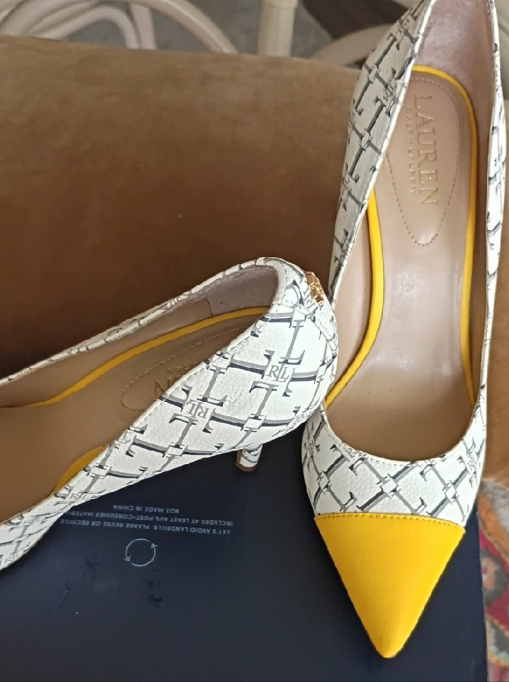 Lauren Ralph Lauren White Patterned Pumps with Yellow Pointed Toe